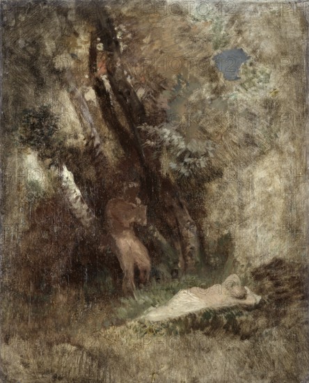 Arnold Böcklin (born 16 October 1827, died January 1901), Swiss painter, draughtsman, graphic artist and sculptor of Symbolism: Faun and Nymph in the Woods (ca. 1859), Painting, Reproduction of the painting, Work of art, Historical, Two figures in an enchanted forest, one resting while the other stands