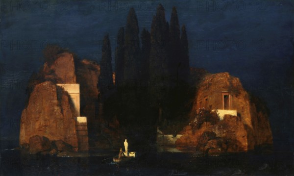 Arnold Böcklin (born 16 October 1827, died January 1901), Swiss painter, draughtsman, graphic artist and sculptor of Symbolism: Island of the Dead (1880), Painting, Reproduction of the painting, Work of art, Historical, Nocturnal landscape with a mysterious island and cypresses in the water