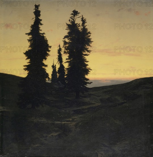 Arnold Böcklin (born 16 October 1827, died January 1901), Swiss painter, draughtsman, graphic artist and sculptor of Symbolism: Fir Trees (1849), Painting, Reproduction of the painting, Work of art, Historical, Dark trees in front of a glowing sunset on the horizon