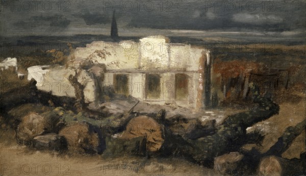 Arnold Böcklin (born 16 October 1827, died January 1901), Swiss painter, draughtsman, graphic artist and sculptor of Symbolism: Destroyed House near Kehl (1870), Painting, Reproduction of the painting, Work of art, Historical, Gloomy landscape with ruins and stones under a dark sky