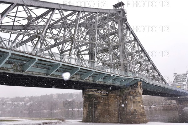 Blue Wonder bridge in snowfall, winter, Germany