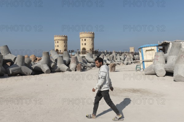 Alexandria, Egypt. December 2nd 2022 Construction work and large concrete bollards designed for flood defense against rising sea levels, along the Mediterranean Sea coastline, Alexandria, Egypt