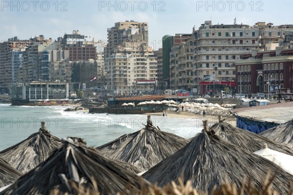 Alexandria, Egypt. December 2nd 2022 Apartment buildings and informal beach side stalls and structures along the Corniche, Alexandria, Egypt