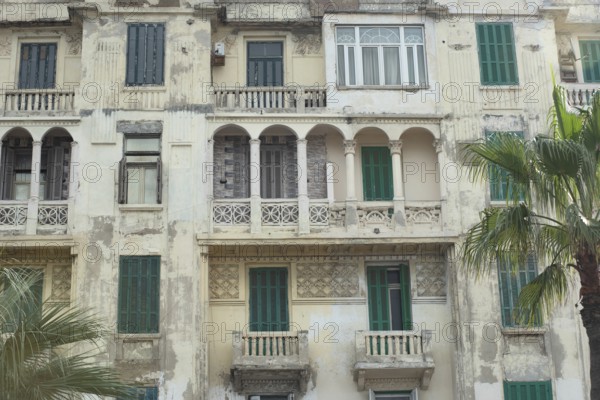 Alexandria, Egypt. December 2nd 2022 Weather worn close up architectural detail of typical sea front buildings along the Corniche, Alexandria, Egypt