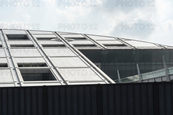 Alexandria, Egypt. December 2nd 2022 Architectural detail of the Bibliotheca Alexandrina behind a barrier to protect from potential flooding of the Mediterranean Sea in Alexandria, Egypt