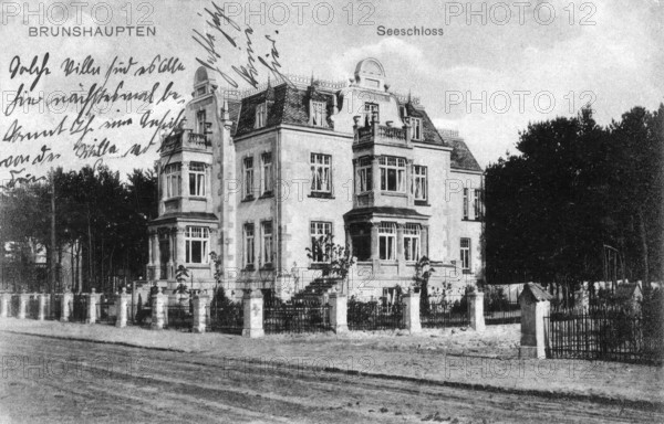 Historic postcard around 1900, Baltic resort Brunshaupten i.M., lake castle, historic place on the Mecklenburg Baltic Sea coast, which merged with Arendsee and Fulgen in 1937 to form today's Baltic Sea resort of Kühlungsborn, Mecklenburg-Western Pomerania, Germany, reproduction of a postcard, historic
