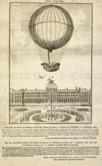 Copper engraving depicting the famous rise of the hydrogen balloon developed by Jacques Charles and Nicolas-Louis Robert on December 1, 1783 in Paris, authentic, digitally restored reproduction from a 19th century model, exact date of depiction unknown, historical