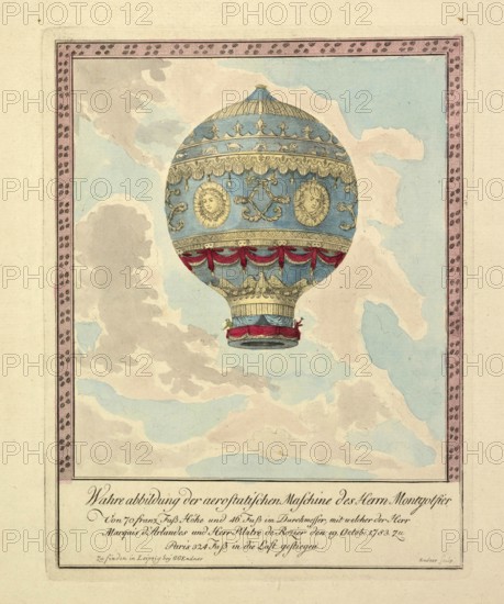 The picture shows a historic moment in aviation: the first manned free flight in a hot air balloon. On November 21, 1783, Jean-François Pilâtre de Rozier and François d'Arlandes took off from Paris on this historic flight. The balloon was a Montgolfier developed by the Montgolfier brothers, authentic, digitally restored reproduction from a 19th century model, exact date of depiction unknown, historical