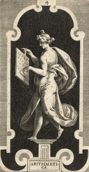 Arithmetica, is one of the seven liberal arts, a personification of arithmetic. The figure shown stands on a pedestal and points to a panel with numbers, which underlines its role as an allegory of arithmetic, by Lucas Kilian from 1606, authentic, digitally restored reproduction of a model from the 19th century, exact date of presentation unknown, historical