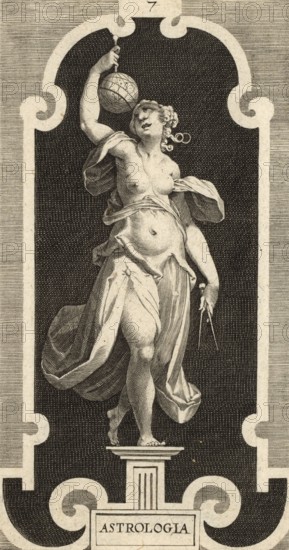 Astrology, one of the seven liberal arts, an allegorical presentation of astronomy, or astrology as one of the seven liberal arts. The figure holds a celestial globe and a circle, typical tools of this discipline, by Lucas Kilian from 1606, authentic, digitally restored reproduction from a 19th century model, exact date of depiction unknown, historical