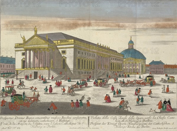 View of Bebelplatz in Berlin in the 18th century, which was then known as Opernplatz. The focus is on the Royal Opera House, today the State Opera Unter den Linden, with Saint Hedwig's Cathedral in the background. Courtly life with numerous carriages and passers-by in contemporary clothing on the square, authentic, digitally restored reproduction from a 19th century model, exact date of depiction unknown, historical