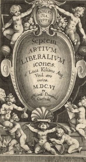 Title page of the Septem Artium Liberalium Icones, illustrations of the seven liberal arts, by Lucas Kilian from 1606, authentic, digitally restored reproduction from a 19th-century model, exact date of presentation unknown, historical