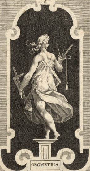 Geometry, one of the seven liberal arts, the personification of geometry. A female figure with geometric instruments compass, ruler, sinklot, by Lucas Kilian from 1606, authentic, digitally restored reproduction from a 19th century model, exact date of depiction unknown, historical