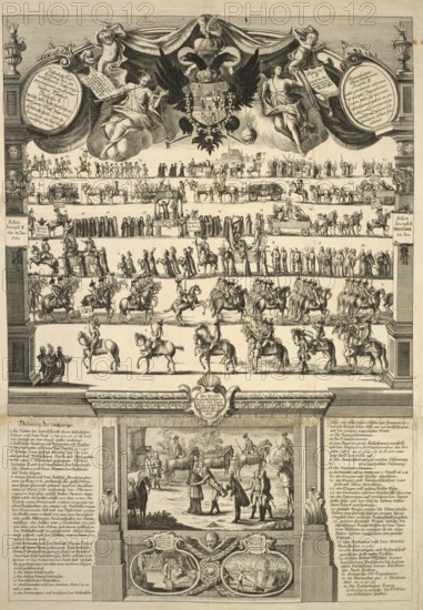 Solemn procession in Prague in honor of Emperor Joseph II, depiction is titled The Most Exquisite Bohemian Hereditary Heaven and commemorates the festivities in 1781, authentic, digitally restored reproduction from a 19th century model, exact date of presentation unknown, historical