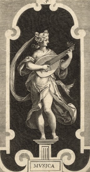 Musica, is one of the seven liberal arts, the personification of music. An allegorical female figure standing on a pedestal and playing a lute, by Lucas Kilian from 1606, authentic, digitally restored reproduction from a 19th-century model, exact date of depiction unknown, historical
