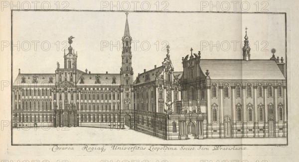 View of Leopoldina University in Wroclaw, now Wroclaw, Poland, which was run by the Jesuits. Caesarea Regia Universitas Leopoldina Societ. Jesu Wratislavia, Imperial and Royal Leopoldina University of the Society of Jesus in Breslau, authentic, digitally restored reproduction from a 19th century model, exact date of presentation unknown, historical