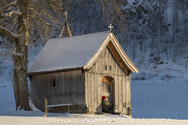 Copper chapel in winter, Hochgallzein, Gallzein, Tyrol, Austria