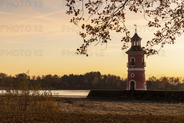 Lighthouse at Fasanenschlösschen in Moritzburg at sunrise, Saxony, Germany