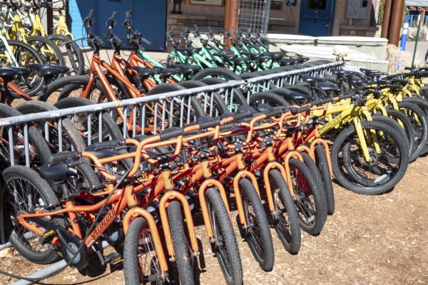 Grand Canyon National Park, Arizona - Bicycles for rent at the Grand Canyon. The bicycles are for use only on the rim, and cannot be ridden into the Canyon