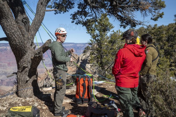 Grand Canyon National Park, Arizona. National Park Service employees practice rescue techniques on the Canyon's South Rim