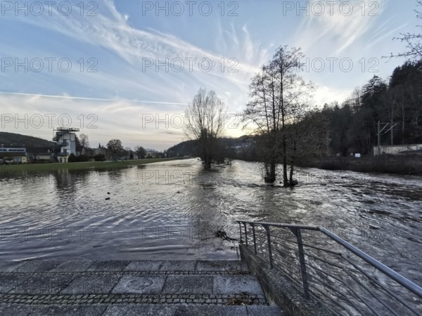 Melting snow causes flooding at the Landesgartenschaugelände in Kronach, Frankenwald nature park Park