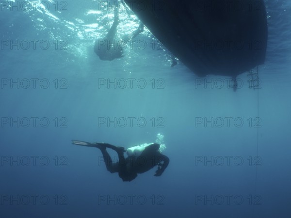 An underwater diver on his way back to the boat. Giuseppe Dezza wreck dive site, Pula, Croatia, Mediterranean