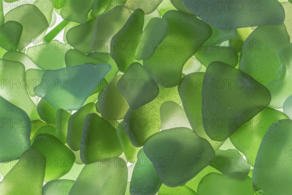 Green broken glass cut by the sea, sea glass, sea glass, beach glass from the North Sea