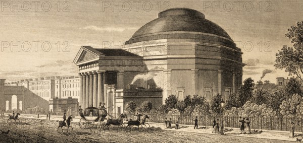 Coliseum in London West End, also Coliseum Theatre, Theatre, Regent's Park, England, dome building, architecture, pillar entrance, front, street, horse-drawn carriage, walkers, steel engraving, historical illustration 1834