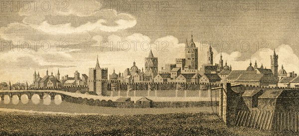 Valencia on the Mediterranean, Spain, Roman foundation, city wall with battlements, fortress, city gate, numerous church buildings, church towers, water, bridge, architecture, steel engraving, historical illustration 1834