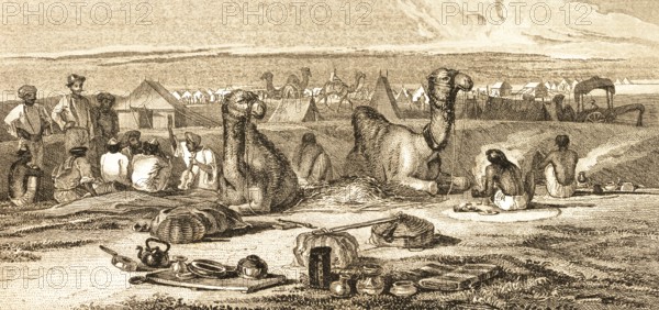 Shikohabad camp, Uttar Pradesh, India, camels, tents, camp, people, luggage, tea kettle, food, preparation, fire, steel engraving, historical illustration 1834