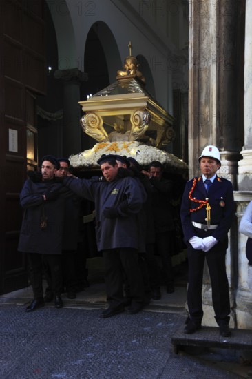 Sicily, old town of Trapani, Good Friday mystery procession La Processione dei Misteri, men, Massari carry the mysteries from the Chiesa del Purgatorio church