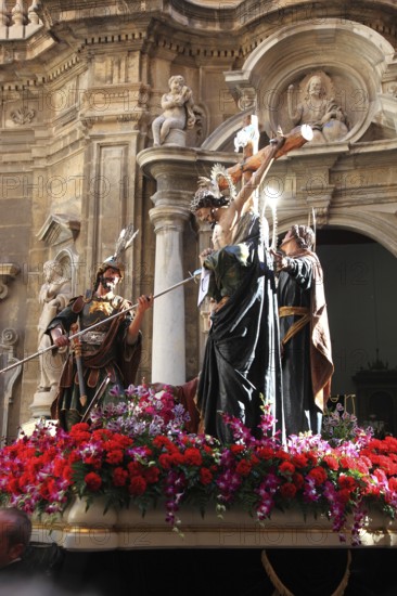 Sicily, old town of Trapani, Good Friday mystery procession La Processione dei Misteri, start of the procession with the mysteries at the Chiesa del Purgatorio