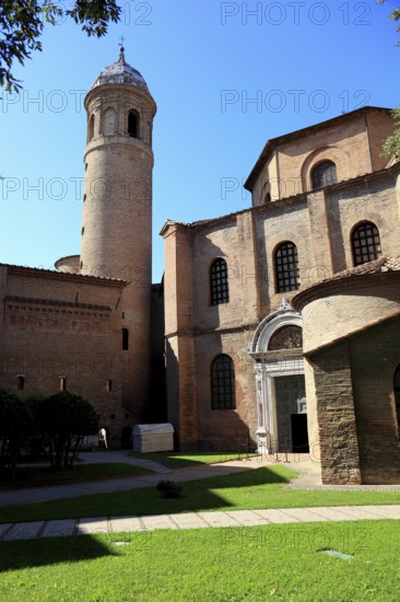 Basilica Basilica of San Vitale, is one of the most important church buildings of the late antique-early Byzantine period, with campanile, World Heritage Site, Ravenna, Emilia Romagna, Italy
