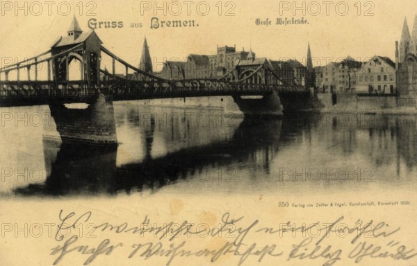 Historical postcard around 1900, Bremen, Weserbrücke, Germany, reproduction of a postcard, historical