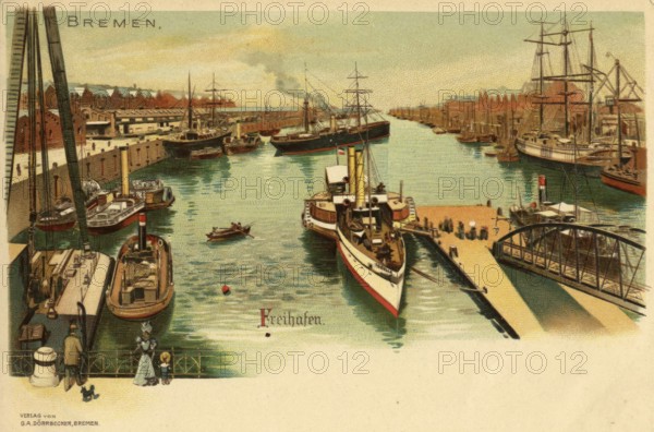 Historical postcard around 1900, Bremen, Freihafen, Germany, reproduction of a postcard, historical