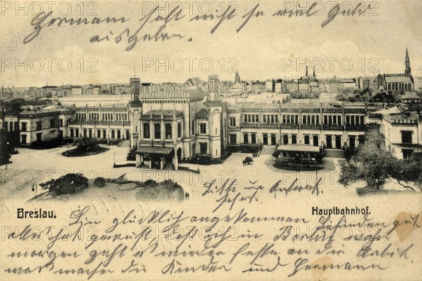 Historical postcard around 1900, Wroclaw main station, today Wroclaw, Lower Silesia, Poland, reproduction of a postcard, historical