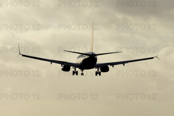 Boeing 737 commercial passenger airliner jet aircraft of Ryanair airways in flight on approach to land at London Stansted airport, Essex, England, United Kingdom