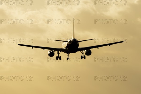 Airbus A320 commercial passenger airliner jet aircraft of Electra airlines flying on approach to land at sunset at London Stansted airport, Essex, England, United Kingdom