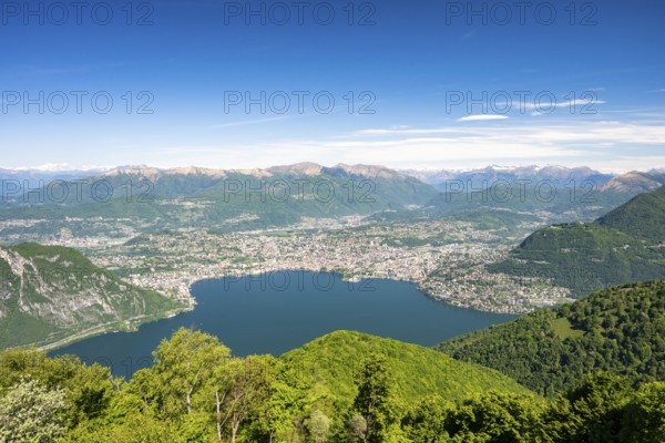 View of Lake Lugano and Lugano from Mount Sighignola, Balcone Svizzero, Tessin, Switzerland