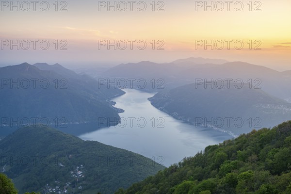 View of Lake Lugano from Mount Sighignola at sunset, Balcone Svizzero, Tessin, Switzerland