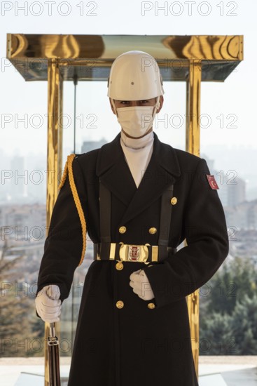 Ankara, Turkey. November 24th 2020 Turkish military guard wearing protective facemask due to the Covid-19 pandemic at the Anitkabir, memorial to Mustafa Kemal Ataturk, Ankara