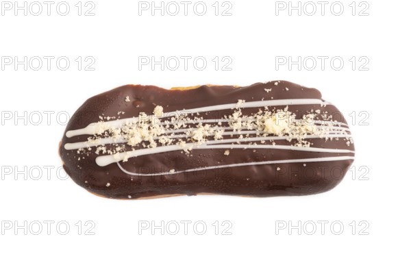 Glazed Chocolate Eclair on brown concrete isolated on white, top view, flat lay, close up
