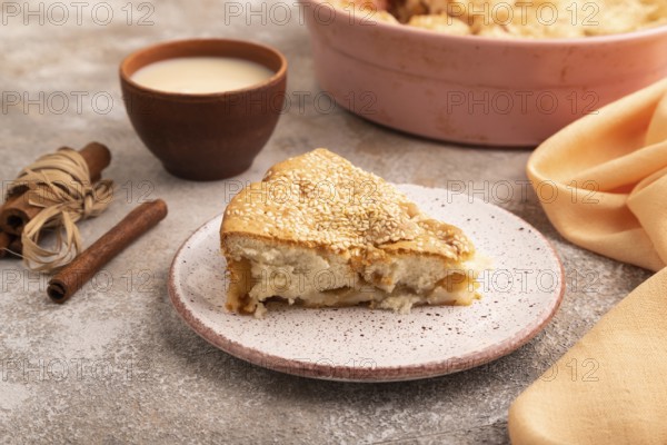 Apple Charlotte cake on brown concrete background and orange linen textile, cup of milk, side view, close up
