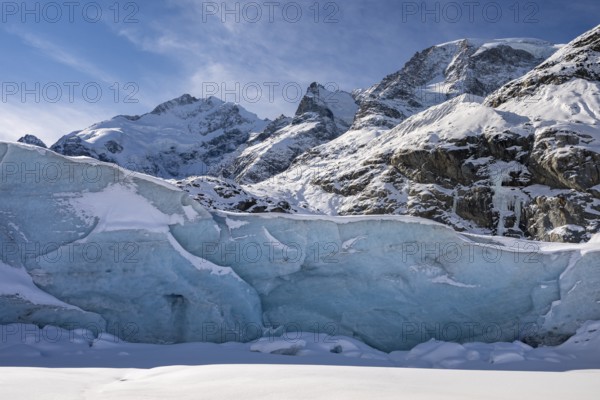 Snowy glacier, Morteratsch Glacier, Bernina Range, Engadin, Graubünden, Switzerland