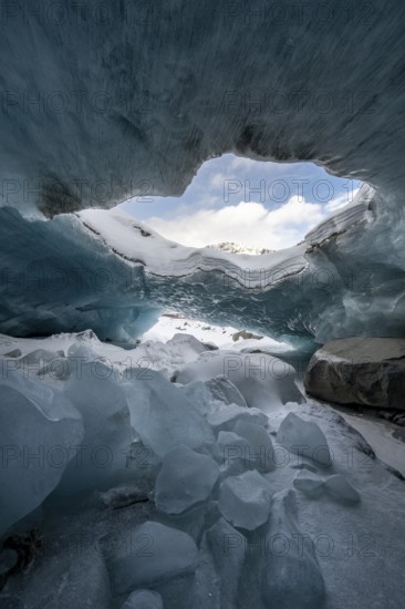 Glacier cave, ice cave, Morteratsch Glacier, Engadin, Graubünden, Switzerland