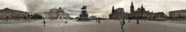Panorama, spacious square with equestrian statue in Dresden with woman in green dress surrounded by old buildings under a cloudy sky, Dresden