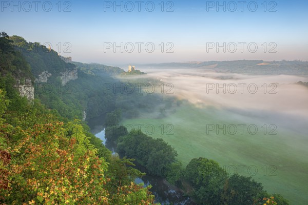 View of the ruins of Saaleck and Rudelsburg castles and the river Saale in autumn morning fog in the Saale Valley, Bad Kösen, Burgenlandkreis, Saxony-Anhalt, Germany