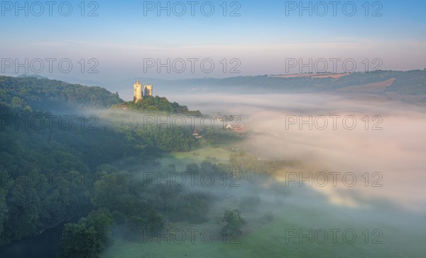 View of the Saaleck castle ruins in morning fog in the Saale Valley, Bad Kösen, Burgenlandkreis, Saxony-Anhalt, Germany