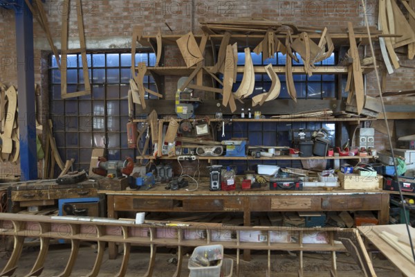 Workbench with spare parts for gondolas, boatyard, Giudecca, Veneto, Italy