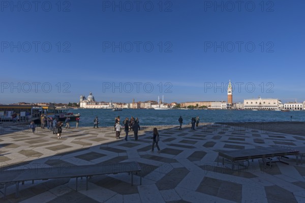 View of Venice from San Giorgio Maggiore Island, front terrace with flood walkways, Venice, Veneto, Italy